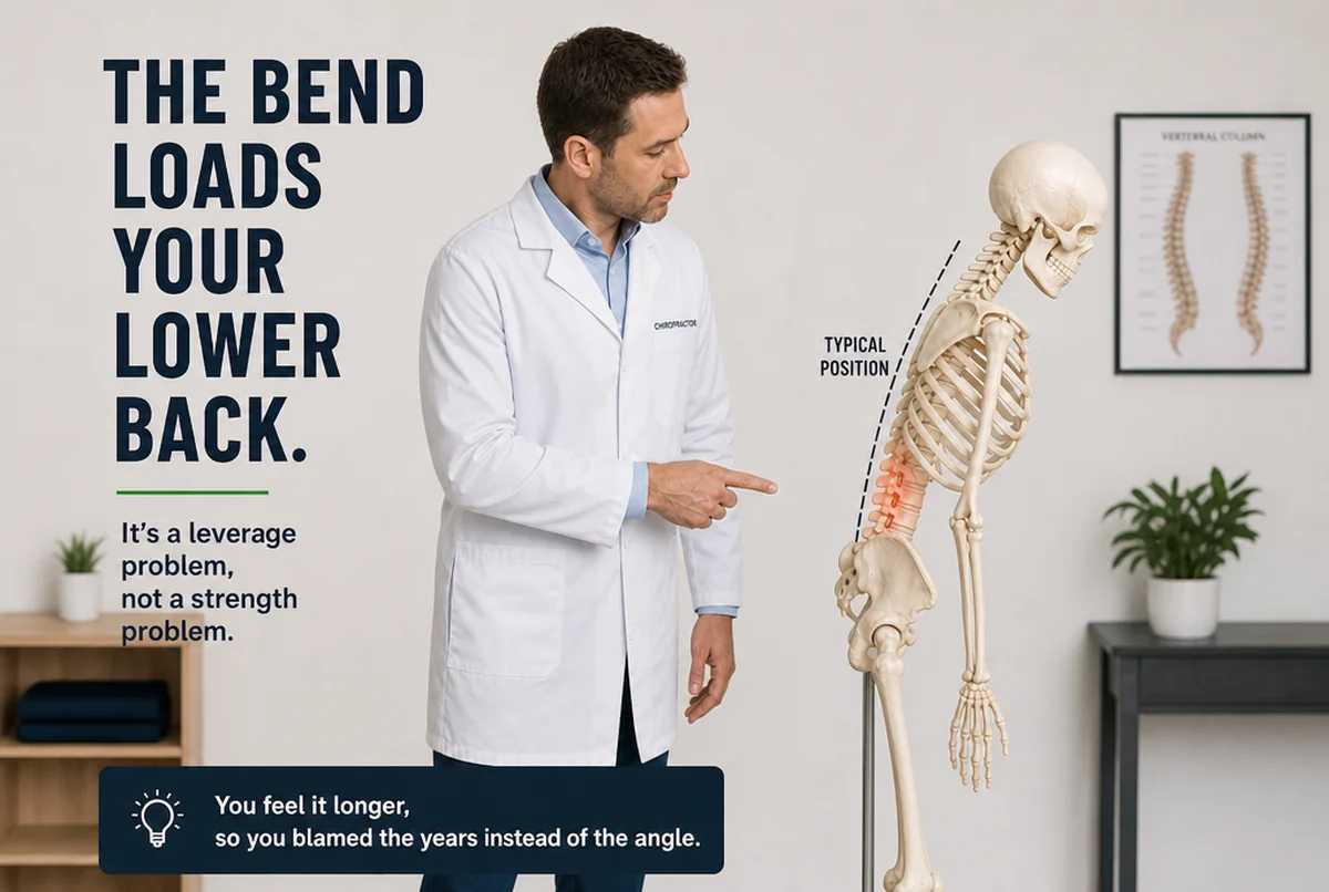 A chiropractor pointing to the loaded lower back of a hinged-forward skeleton. Caption reads: the bend loads your lower back. It is a leverage problem, not a strength problem.
