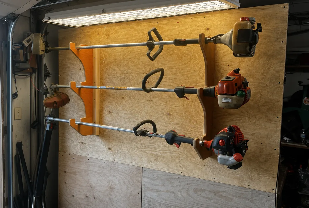 Three string trimmers from different brands racked on a garage wall, every factory loop grip mounted low on the shaft