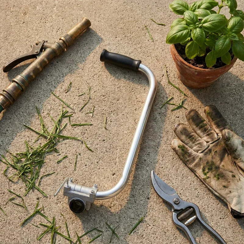 The Yeoman Handle laid on a concrete path beside worn leather gloves, secateurs and a pot of basil