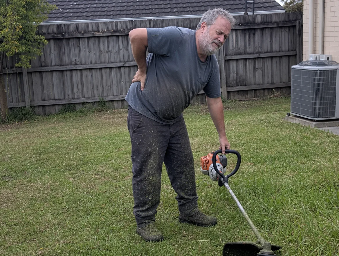 Older man straightening up with a hand pressed to his lower back after trimming