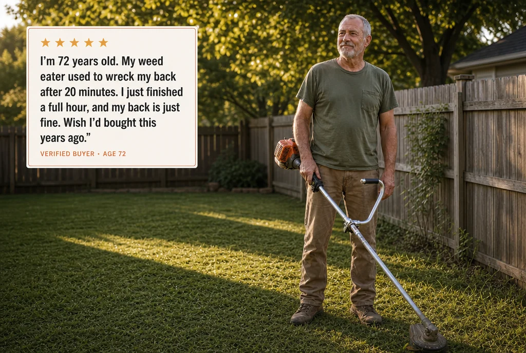 A 72-year-old verified buyer standing fully upright in his yard holding a trimmer fitted with the Yeoman Handle