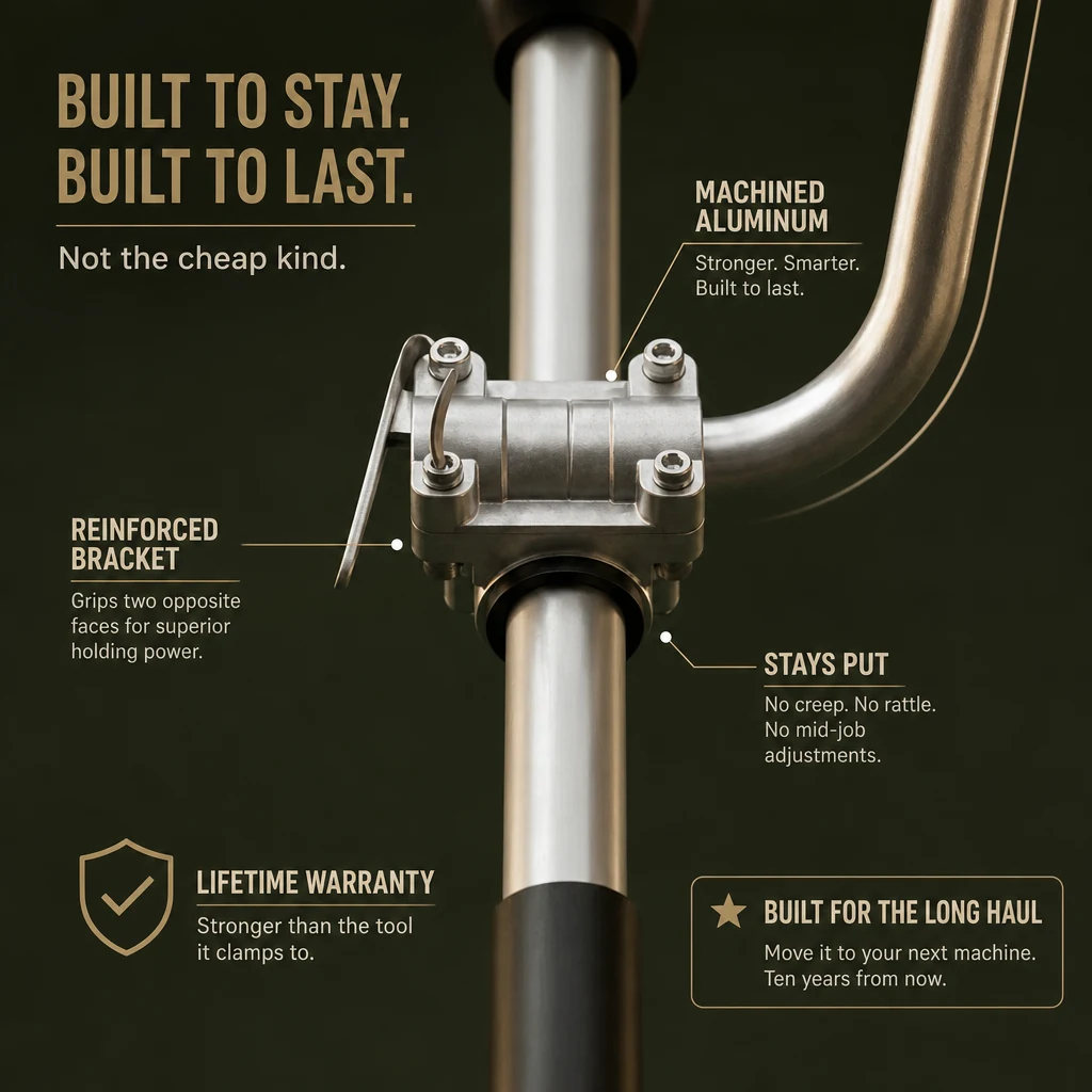 Labelled close view of the Hold-Fast bracket on a trimmer shaft: machined aluminum, reinforced bracket gripping two opposite faces, stays put, lifetime warranty