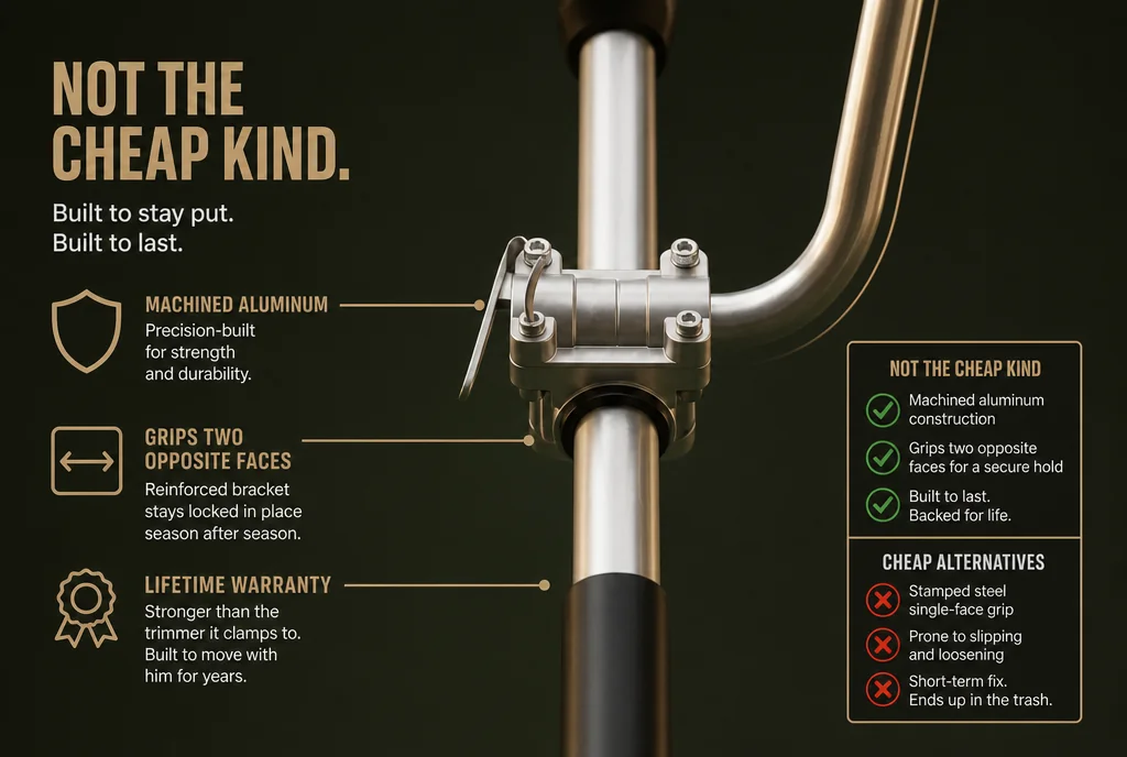 Labelled diagram of the Yeoman Handle clamped to a trimmer shaft. Callouts read: machined aluminum, precision-built for strength and durability; grips two opposite faces, reinforced bracket stays locked in place season after season; lifetime warranty, stronger than the trimmer it clamps to. A side panel contrasts it against cheap alternatives: stamped steel single-face grip, prone to slipping and loosening, a short-term fix that ends up in the trash.
