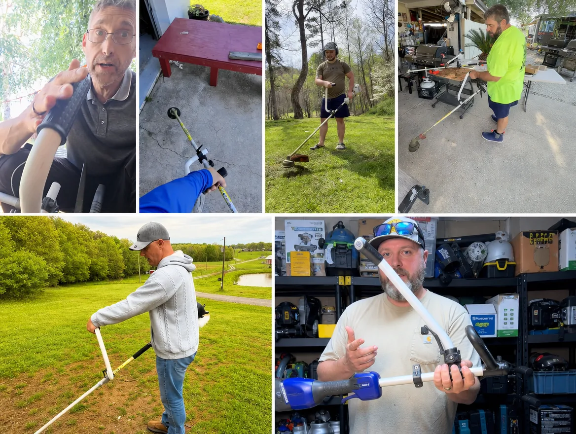 Six photos from customers: men trimming their own lawns and fence lines standing upright with the Yeoman Handle fitted, and two holding the handle up to the camera in the garage